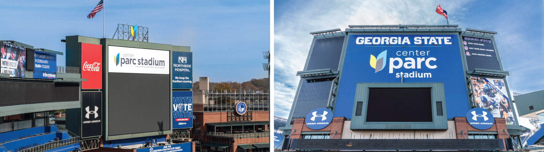 Scoreboard signage with crown sign & stadium entry signage